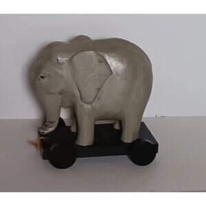 Vintage Hand-Crafted Wooden Elephant Pull Toy Tusk Gray 7"H x 7"W